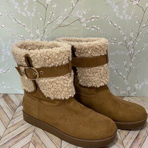 Womens Brown Faux Suede & Sherpa Ankle Boots With Gold Buckle Details size 6.5